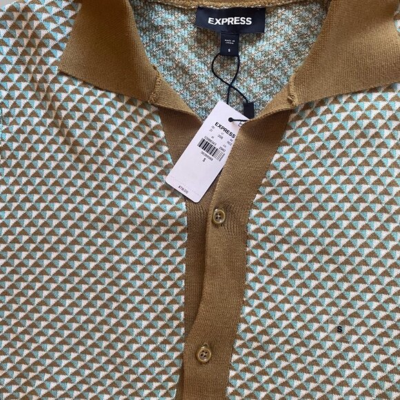 EXPRESS Men's NEW Geo Print Short Sleeve knit Retro Sweater Button Up SIZE SMALL - Picture 2 of 6